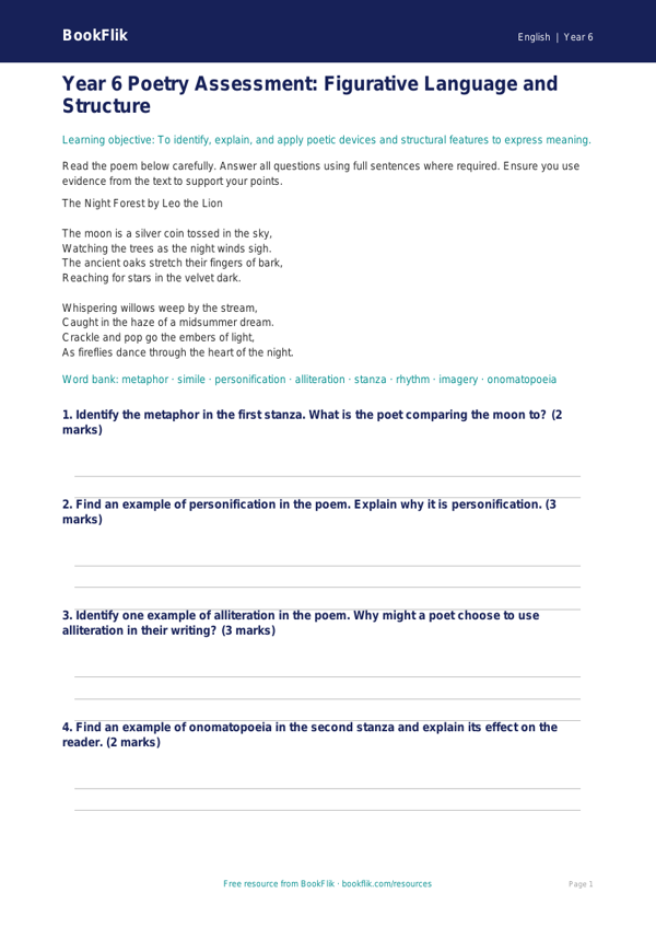 Free Poetry Assessment | Year 6 Core | BookFlik worksheet preview — English Poetry