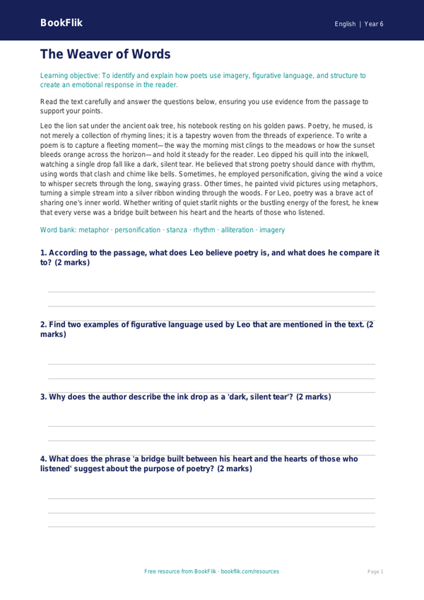 Free Poetry Comprehension | Year 6 Core | BookFlik worksheet preview — English Poetry