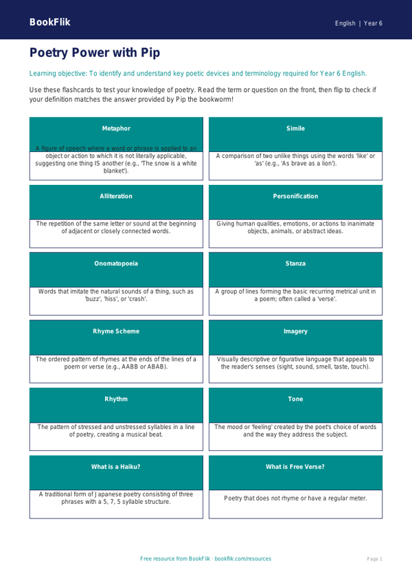 Free Poetry Flashcards | Year 6 Core | BookFlik worksheet preview — English Poetry