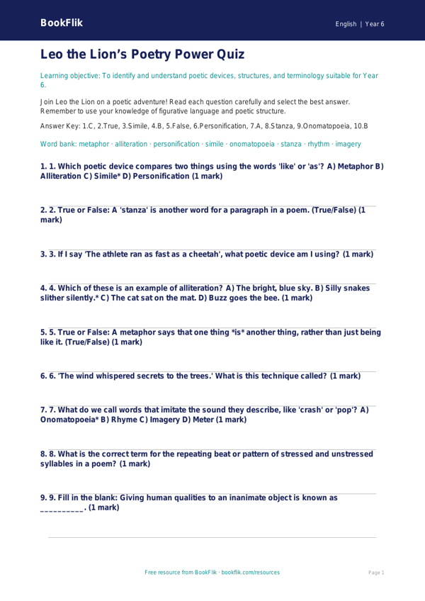 Free Poetry Quiz | Year 6 Core | BookFlik worksheet preview — English Poetry