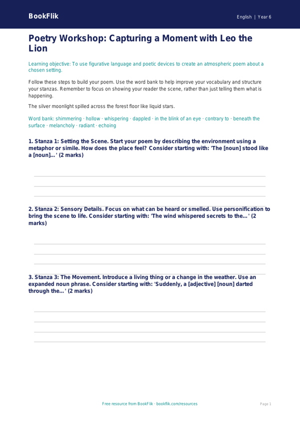 Free Poetry Writing Frame | Year 6 Core | BookFlik worksheet preview — English Poetry