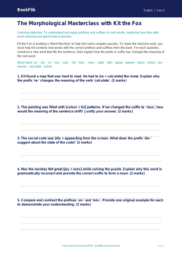 Free Prefixes And Suffixes Activity Sheet | Year 5 Greater Depth | BookFlik worksheet preview — English Prefixes And Suffixes