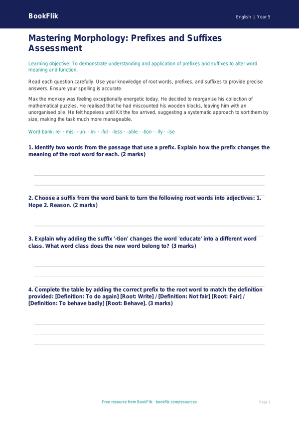 Free Prefixes And Suffixes Assessment | Year 5 Greater Depth | BookFlik worksheet preview — English Prefixes And Suffixes