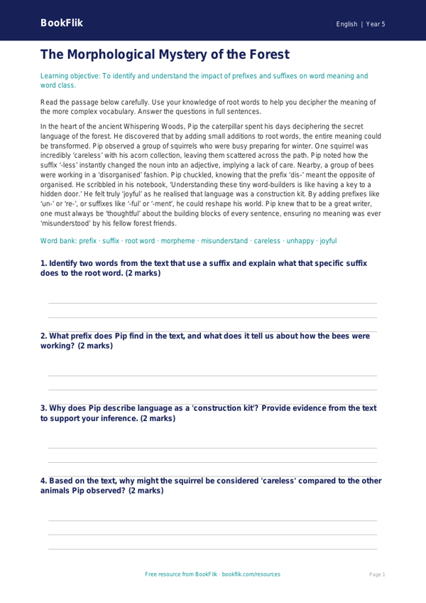Free Prefixes And Suffixes Comprehension | Year 5 Greater Depth | BookFlik worksheet preview — English Prefixes And Suffixes