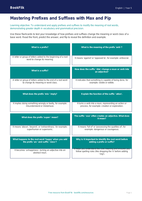 Free Prefixes And Suffixes Flashcards | Year 5 Greater Depth | BookFlik worksheet preview — English Prefixes And Suffixes