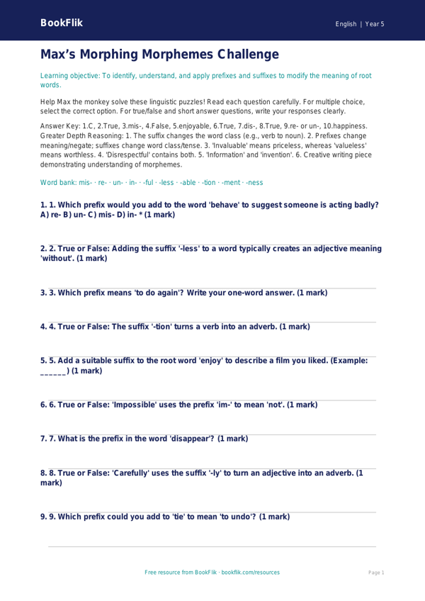 Free Prefixes And Suffixes Quiz | Year 5 Greater Depth | BookFlik worksheet preview — English Prefixes And Suffixes