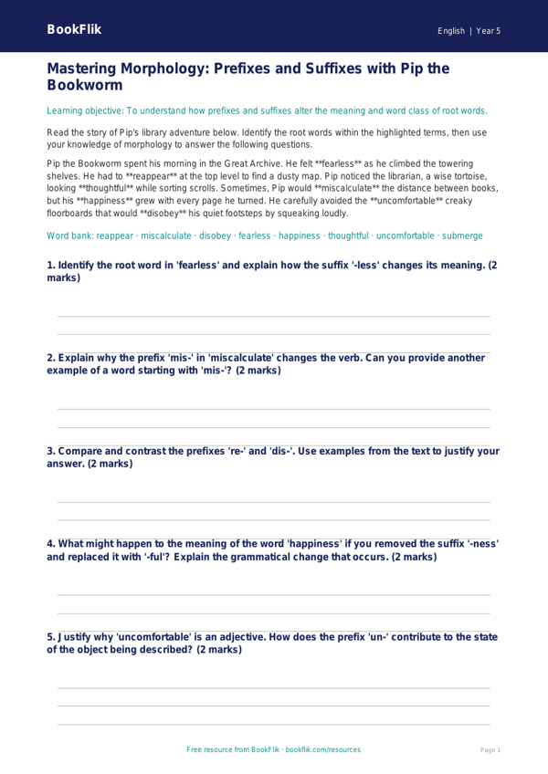 Free Prefixes And Suffixes Track Sheet | Year 5 Greater Depth | BookFlik worksheet preview — English Prefixes And Suffixes
