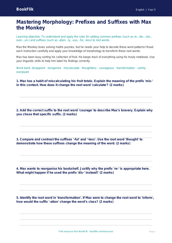 Free Prefixes And Suffixes Worksheet | Year 5 Greater Depth | BookFlik worksheet preview — English Prefixes And Suffixes