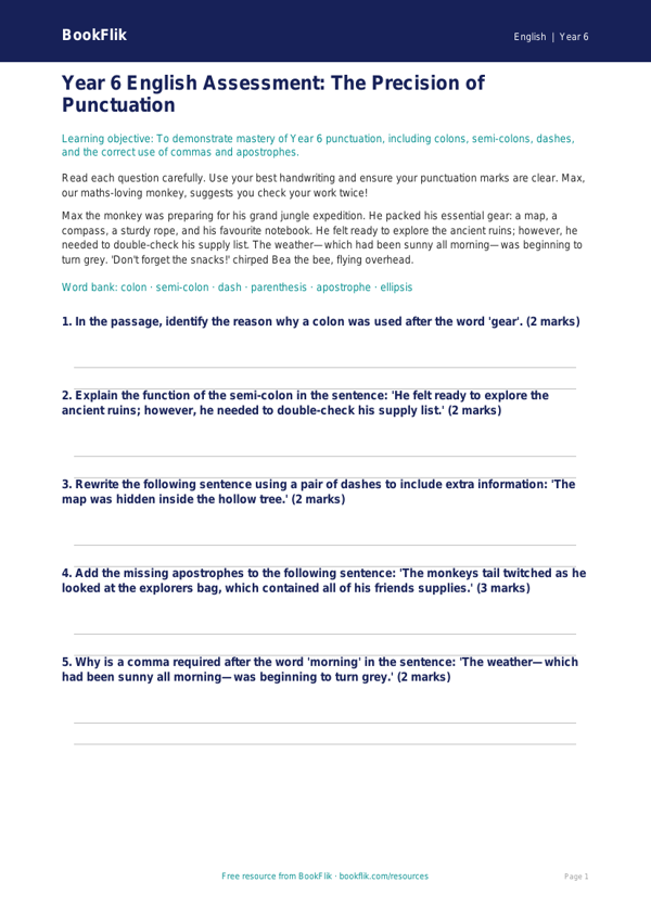 Free Punctuation Assessment | Year 6 Core | BookFlik worksheet preview — English Punctuation