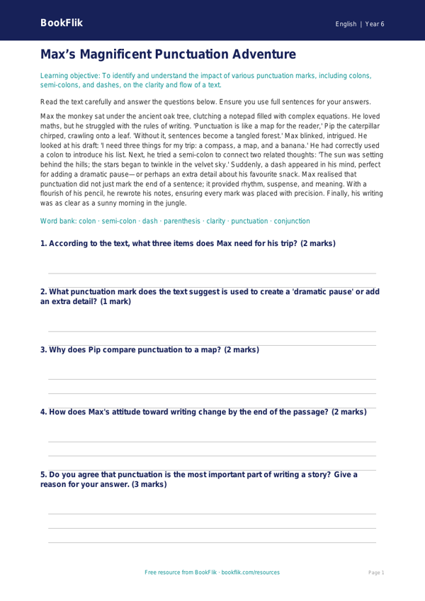 Free Punctuation Comprehension | Year 6 Core | BookFlik worksheet preview — English Punctuation