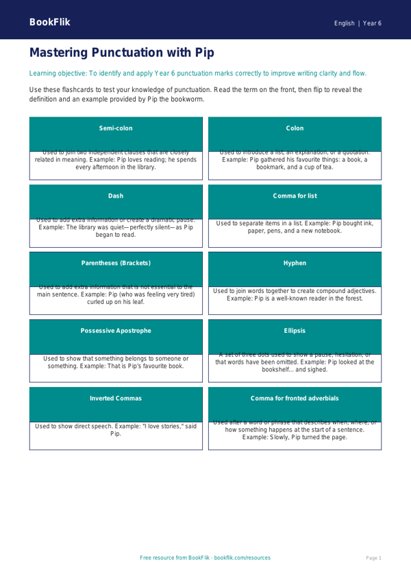 Free Punctuation Flashcards | Year 6 Core | BookFlik worksheet preview — English Punctuation