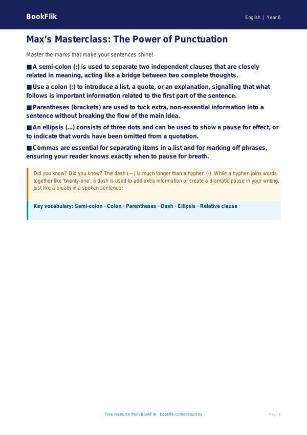Free Punctuation Poster | Year 6 Core | BookFlik worksheet preview — English Punctuation