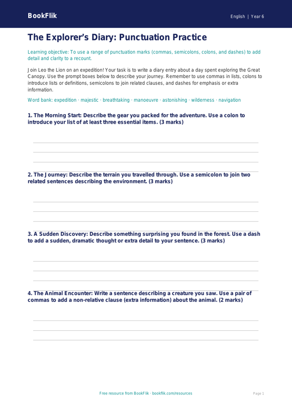 Free Punctuation Template | Year 6 Core | BookFlik worksheet preview — English Punctuation