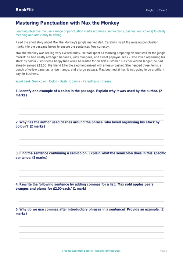 Free Punctuation Track Sheet | Year 6 Core | BookFlik worksheet preview — English Punctuation