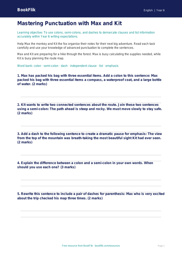 Free Punctuation Worksheet | Year 6 Core | BookFlik worksheet preview — English Punctuation