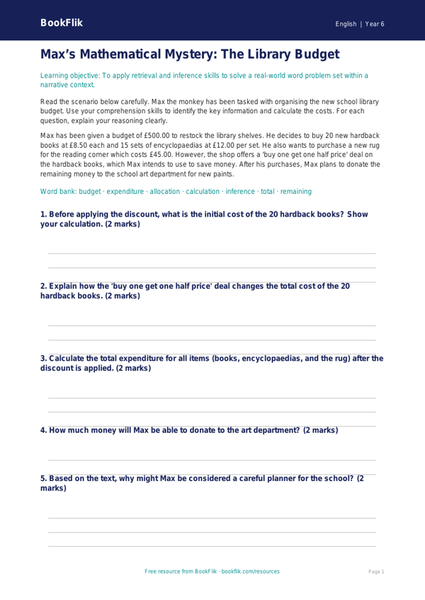 Free Reading Comprehension Activity Sheet | Year 6 Core | BookFlik worksheet preview — English Reading Comprehension