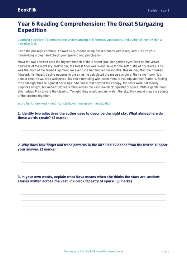 Free Reading Comprehension Assessment | Year 6 Core | BookFlik worksheet preview — English Reading Comprehension