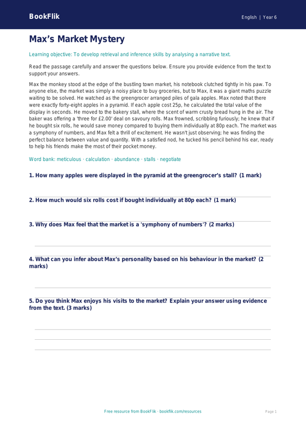 Free Year 6 Reading Comprehension Worksheet | PDF Download | BookFlik worksheet preview — English Reading Comprehension