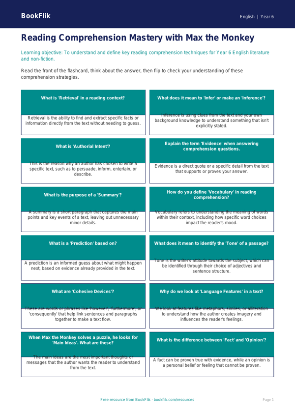 Free Reading Comprehension Flashcards | Year 6 Core | BookFlik worksheet preview — English Reading Comprehension