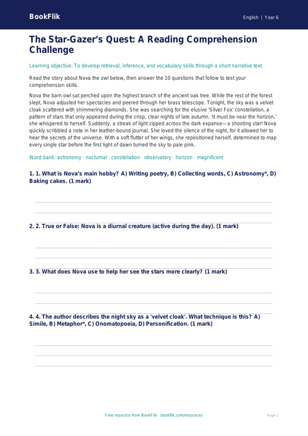 Free Reading Comprehension Quiz | Year 6 Core | BookFlik worksheet preview — English Reading Comprehension