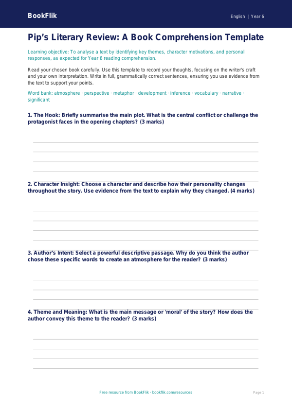 Free Reading Comprehension Template | Year 6 Core | BookFlik worksheet preview — English Reading Comprehension