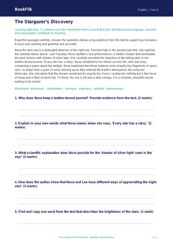 Free Reading Comprehension Track Sheet | Year 6 Core | BookFlik worksheet preview — English Reading Comprehension