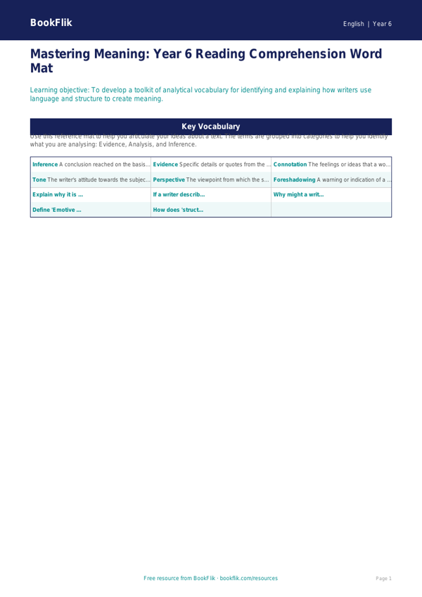 Free Reading Comprehension Word Mat | Year 6 Core | BookFlik worksheet preview — English Reading Comprehension
