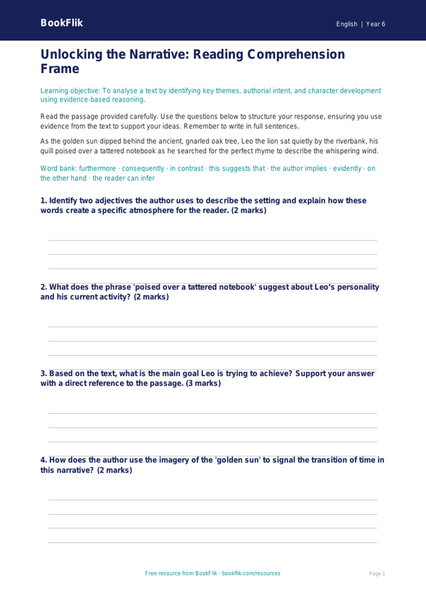 Free Reading Comprehension Writing Frame | Year 6 Core | BookFlik worksheet preview — English Reading Comprehension