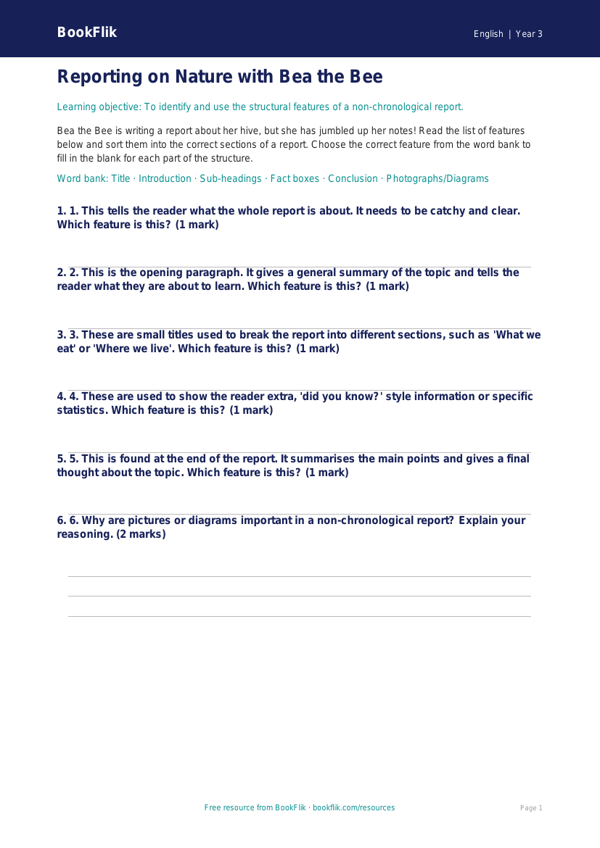 Free Report Writing Activity Sheet | Year 3 Core | BookFlik worksheet preview — English Report Writing