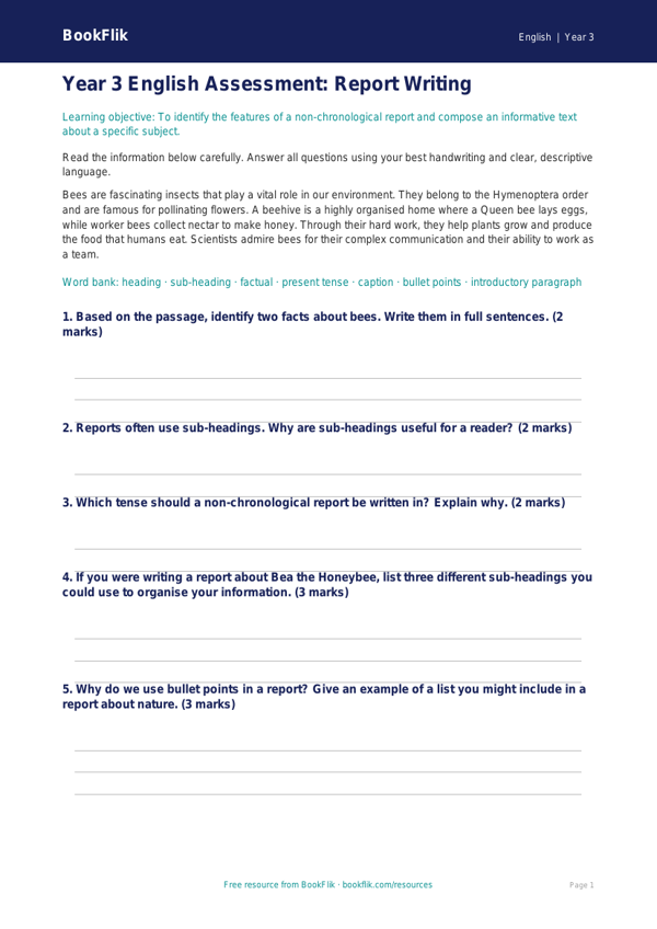 Free Report Writing Assessment | Year 3 Core | BookFlik worksheet preview — English Report Writing
