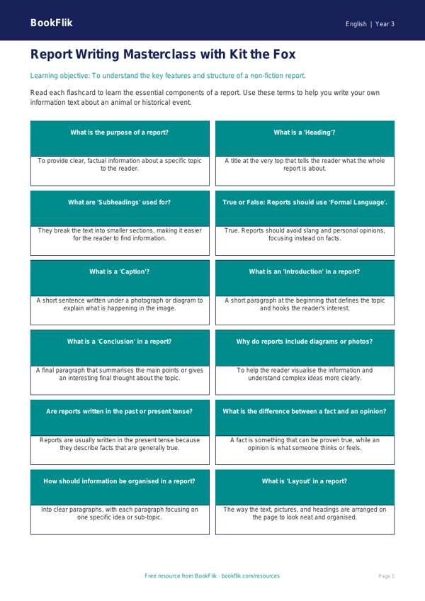 Free Report Writing Flashcards | Year 3 Core | BookFlik worksheet preview — English Report Writing