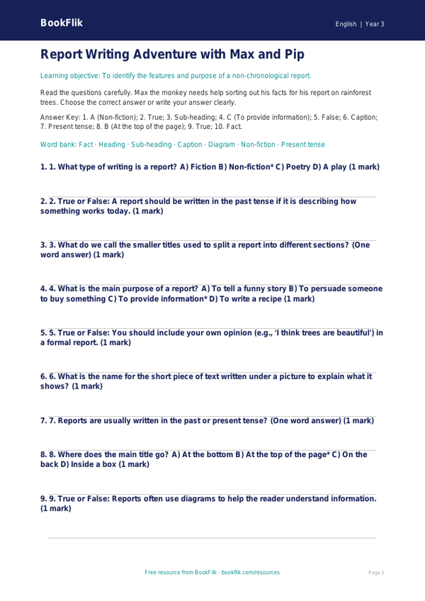 Free Report Writing Quiz | Year 3 Core | BookFlik worksheet preview — English Report Writing