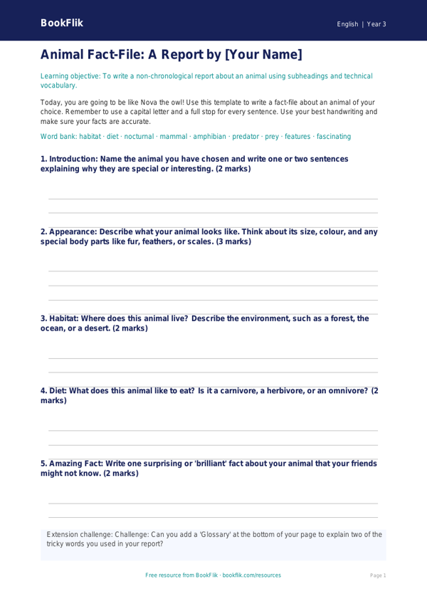 Free Report Writing Template | Year 3 Core | BookFlik worksheet preview — English Report Writing