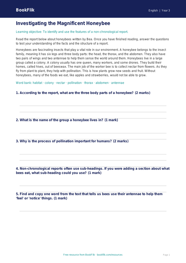 Free Report Writing Track Sheet | Year 3 Core | BookFlik worksheet preview — English Report Writing