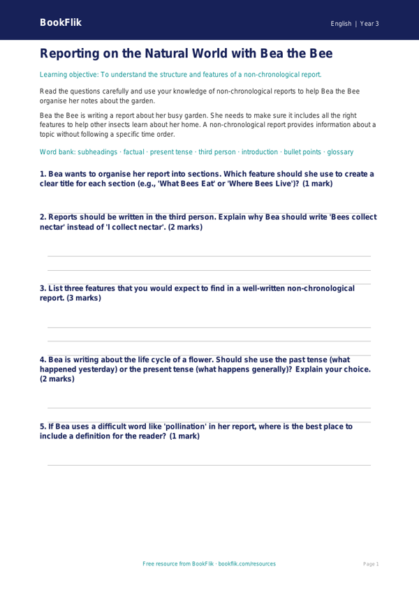 Free Report Writing Worksheet | Year 3 Core | BookFlik worksheet preview — English Report Writing