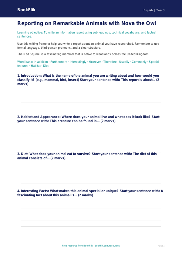 Free Report Writing Frame | Year 3 Literacy Worksheet | BookFlik worksheet preview — English Report Writing