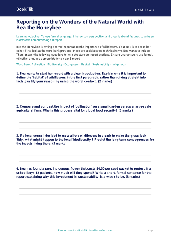 Free Report Writing Activity Sheet | Year 5 Greater Depth | BookFlik worksheet preview — English Report Writing