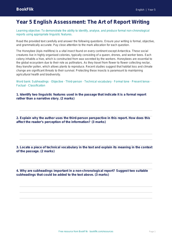 Free Report Writing Assessment | Year 5 Greater Depth | BookFlik worksheet preview — English Report Writing