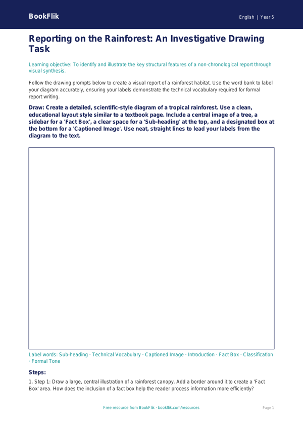 Free Report Writing Drawing Sheet | Year 5 Greater Depth | BookFlik worksheet preview — English Report Writing