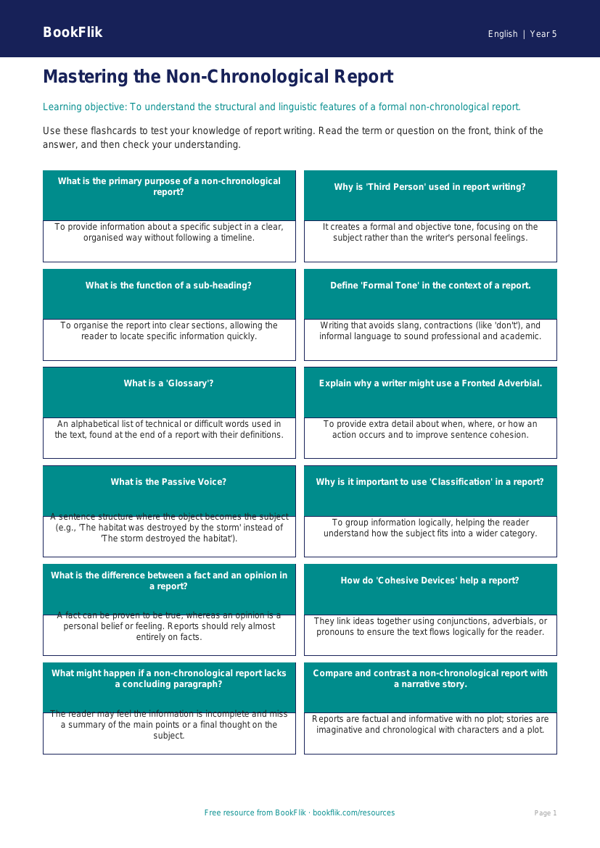 Free Report Writing Flashcards | Year 5 Greater Depth | BookFlik worksheet preview — English Report Writing
