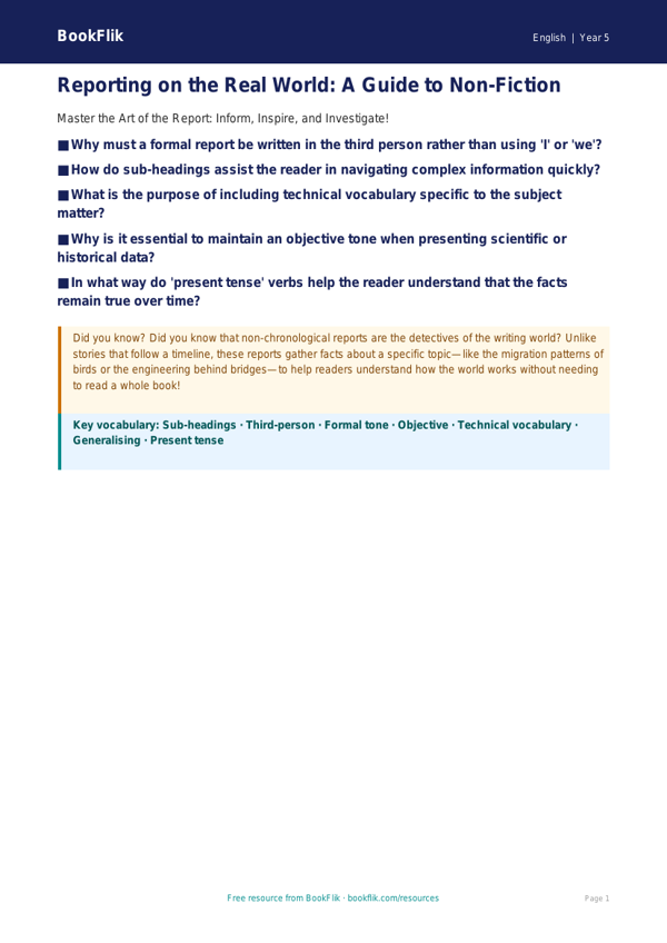 Free Report Writing Poster | Year 5 Greater Depth | BookFlik worksheet preview — English Report Writing