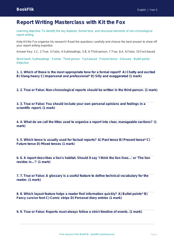 Free Report Writing Quiz | Year 5 Greater Depth | BookFlik worksheet preview — English Report Writing