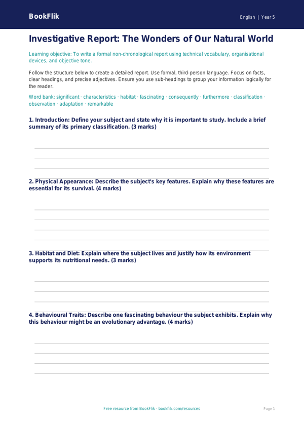Free Report Writing Template | Year 5 Greater Depth | BookFlik worksheet preview — English Report Writing