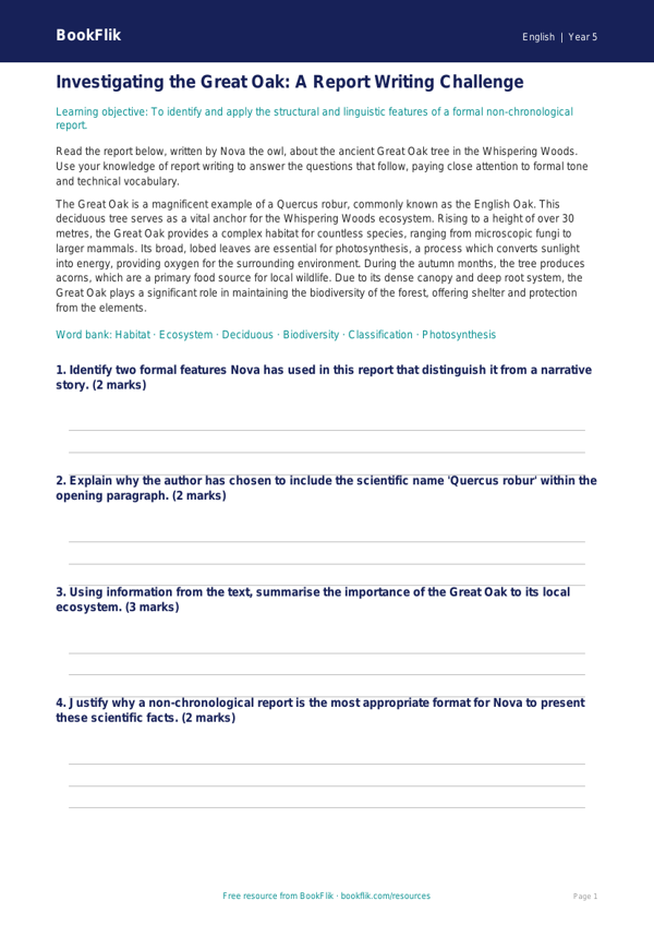 Free Report Writing Track Sheet | Year 5 Greater Depth | BookFlik worksheet preview — English Report Writing