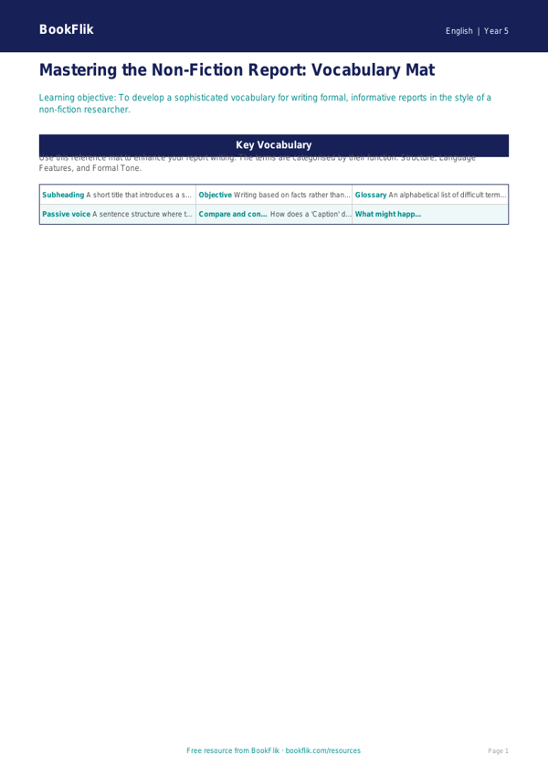 Free Report Writing Word Mat | Year 5 Greater Depth | BookFlik worksheet preview — English Report Writing