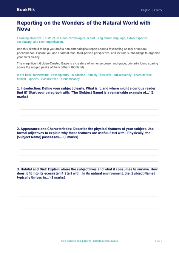 Free Report Writing Writing Frame | Year 5 Greater Depth | BookFlik worksheet preview — English Report Writing