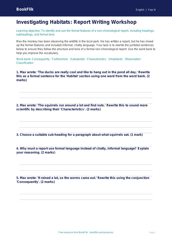 Free Report Writing Activity Sheet | Year 6 Core | BookFlik worksheet preview — English Report Writing