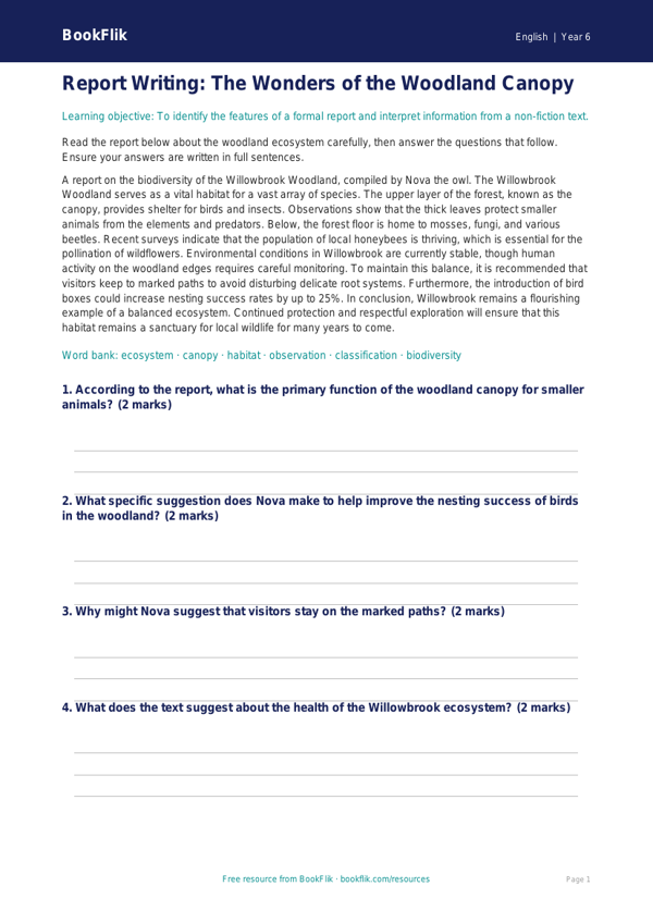 Free Report Writing Comprehension | Year 6 Core | BookFlik worksheet preview — English Report Writing