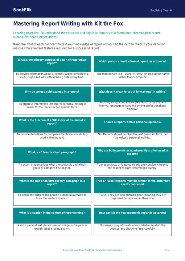 Free Report Writing Flashcards | Year 6 Core | BookFlik worksheet preview — English Report Writing