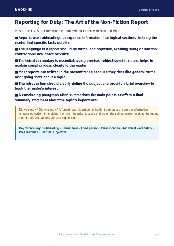 Free Report Writing Poster | Year 6 Core | BookFlik worksheet preview — English Report Writing